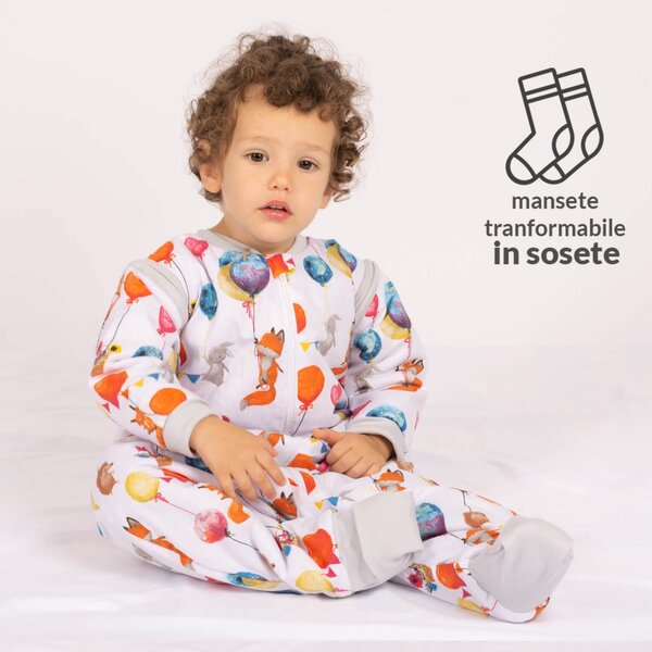 Sac de dormit copii din bumbac cu picioare si maneci detasabile 18-36 luni Kidizi Baloon Friends, 1 tog, pentru toamna-iarna, bumbac 100%