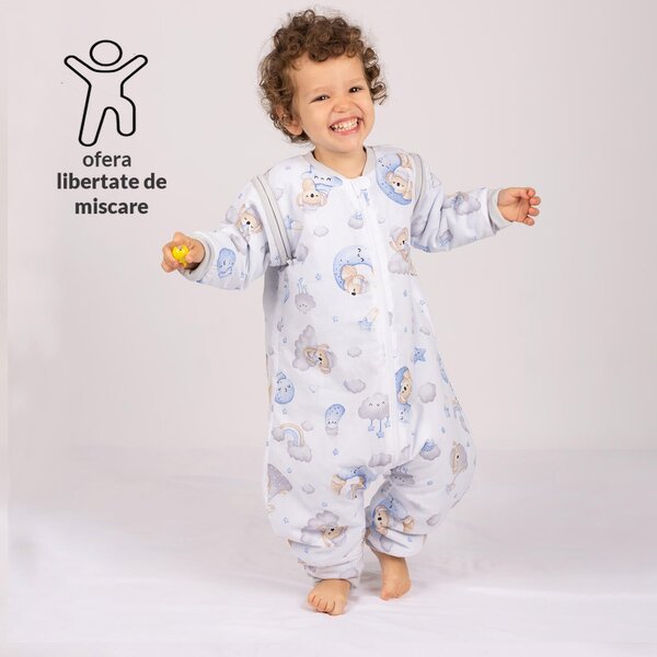 Sac de dormit copii din bumbac cu picioare si maneci detasabile 18-36 luni Kidizi Koala Dreams blue, 1 tog, pentru toamna-iarna, bumbac 100%