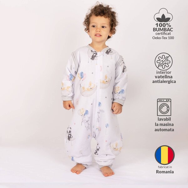 Sac de dormit copii din bumbac cu picioare si maneci detasabile 18-36 luni Kidizi Sweet Dreams, 1 tog, pentru toamna-iarna, bumbac 100%