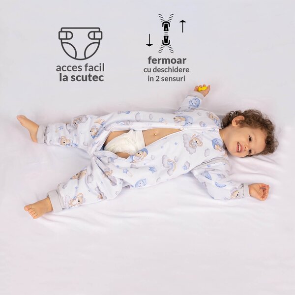 Sac de dormit copii din bumbac cu picioare si maneci detasabile 18-36 luni Kidizi Koala Dreams blue, 1 tog, pentru toamna-iarna, bumbac 100%