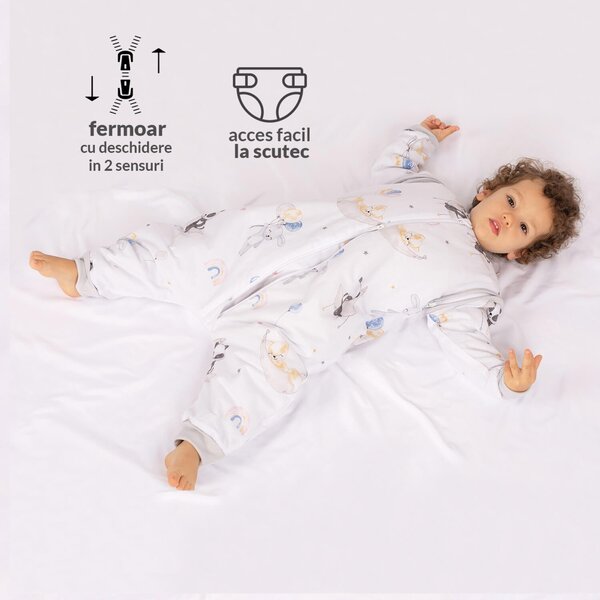 Sac de dormit copii din bumbac cu picioare si maneci detasabile 18-36 luni Kidizi Sweet Dreams, 1 tog, pentru toamna-iarna, bumbac 100%