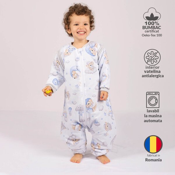 Sac de dormit copii din bumbac cu picioare si maneci detasabile 18-36 luni Kidizi Koala Dreams blue, 1 tog, pentru toamna-iarna, bumbac 100%