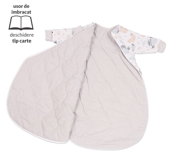 Sac de dormit copii cu maneci 0-3 luni Kidizi Forest Friends, 1 tog, bumbac 100%, pentru toamna/iarna