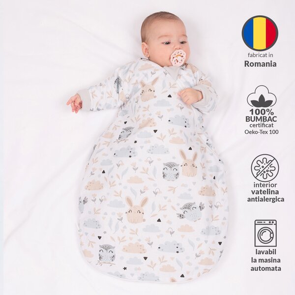 Sac de dormit copii cu maneci 0-3 luni Kidizi Forest Friends, 1 tog, bumbac 100%, pentru toamna/iarna