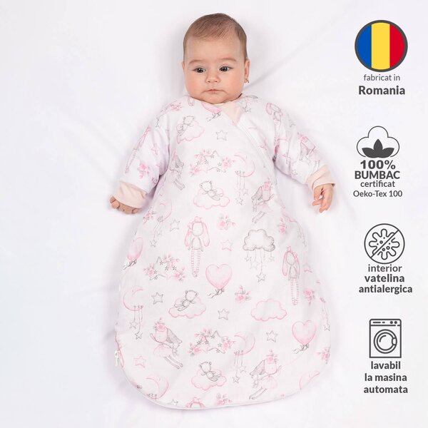 Sac de dormit copii cu maneci 0-3 luni Kidizi Fairy Clouds, 1 tog, bumbac 100%, pentru toamna/iarna