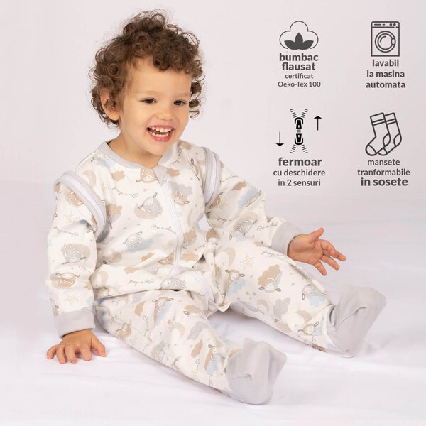 Sac de dormit copii cu picioare si maneci detasabile din bumbac flausat 18-36 luni Kidizi On a Cloud Pastel,1 tog