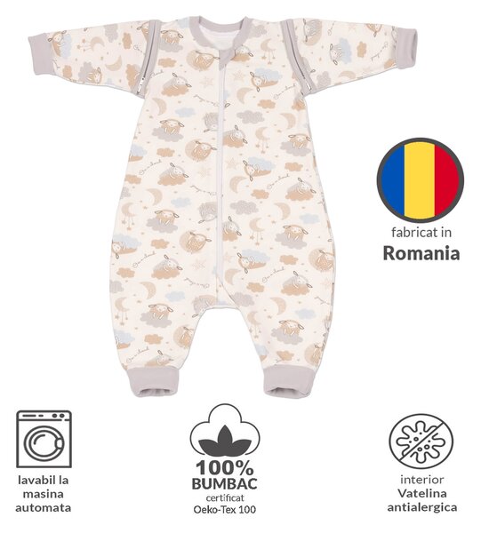 Sac de dormit copii cu picioare si maneci detasabile din bumbac flausat 6-18 luni Kidizi On a Cloud Pastel,1 tog