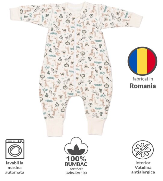 Sac de dormit copii cu picioare si maneci detasabile din bumbac flausat 6-18 luni Kidizi Safari,1 tog