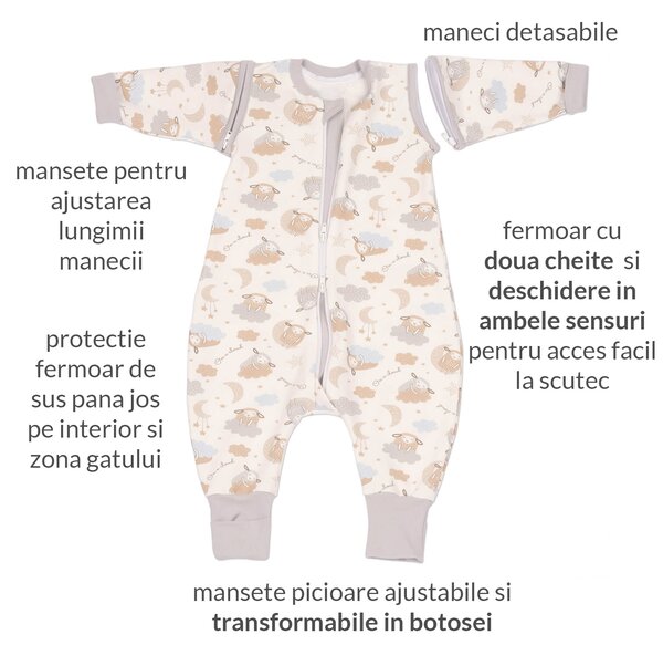 Sac de dormit copii cu picioare si maneci detasabile din bumbac flausat 6-18 luni Kidizi On a Cloud Pastel,1 tog