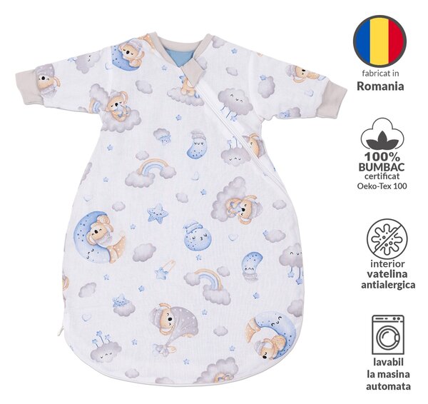 Sac de dormit copii cu maneci 0-3 luni Kidizi Koala Dreams Blue, 1 tog, bumbac 100%, pentru toamna/iarna