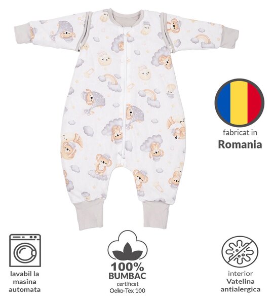 Sac de dormit copii din bumbac cu picioare si maneci detasabile 6-18 luni Kidizi Koala Dreams Bej, 1 tog