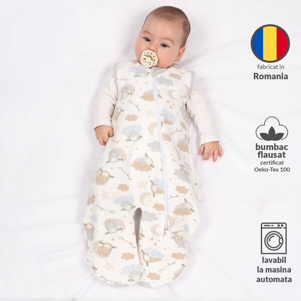Sac de dormit cu picioare din bumbac flausat Kidizi Rolly 0-3 luni On a Cloud Pastel
