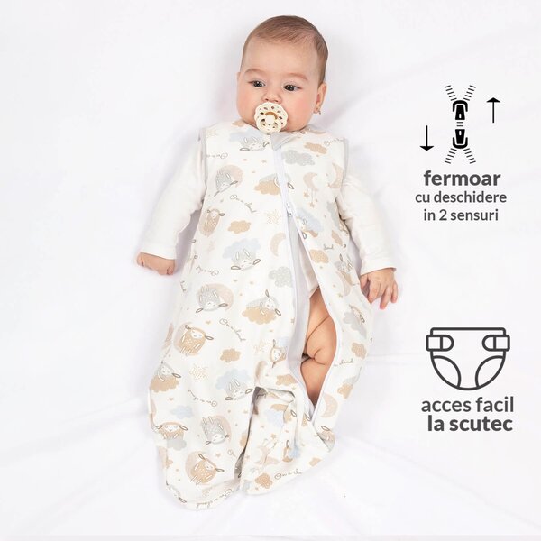 Sac de dormit cu picioare din bumbac flausat Kidizi Rolly 0-3 luni On a Cloud Pastel