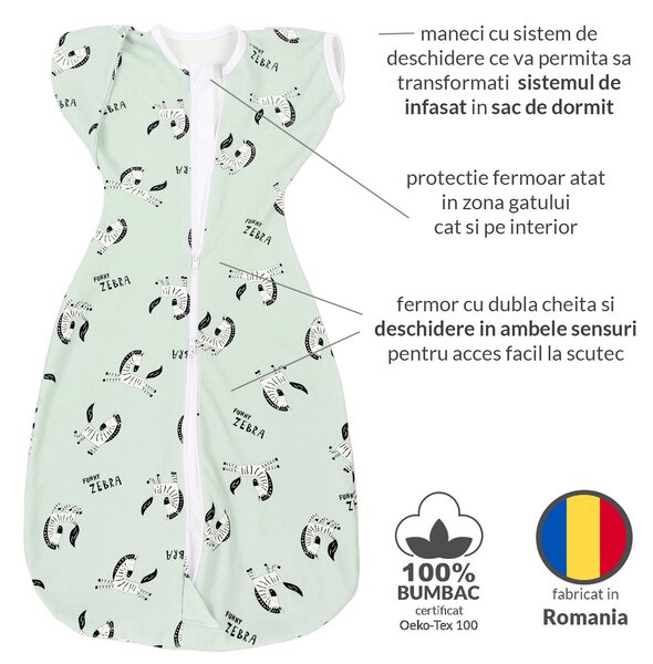 Sistem de infasat transformabil in sac de dormit, 1-6 luni Kidizi Swaddel Confort UP Zebra Mint 100% bumbac, 0.5 tog
