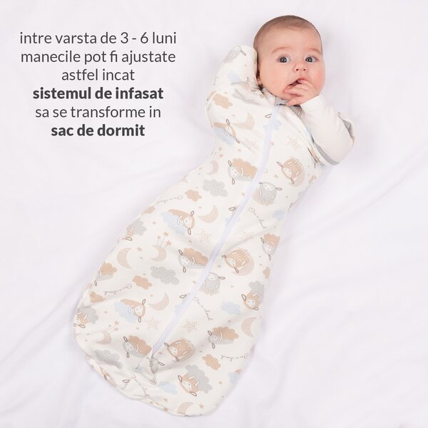 Sistem de infasat transformabil in sac de dormit, 1-6 luni Kidizi Swaddel Confort UP Safari, bumbac flausat, 1 tog, pentru toamna-iarna