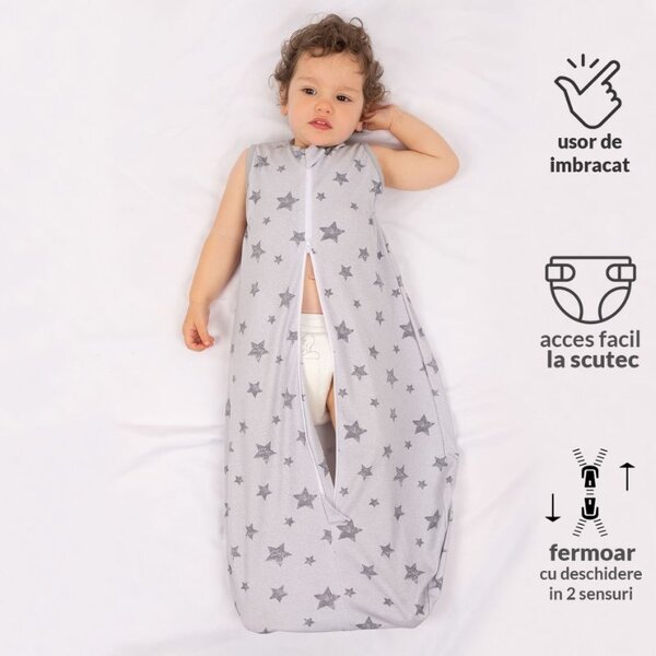 Set 2 saci dormit copii de vara 0-18 luni Kidizi On a Cloud Pastel Galaxy Grey, 80 cm, 0.5 tog