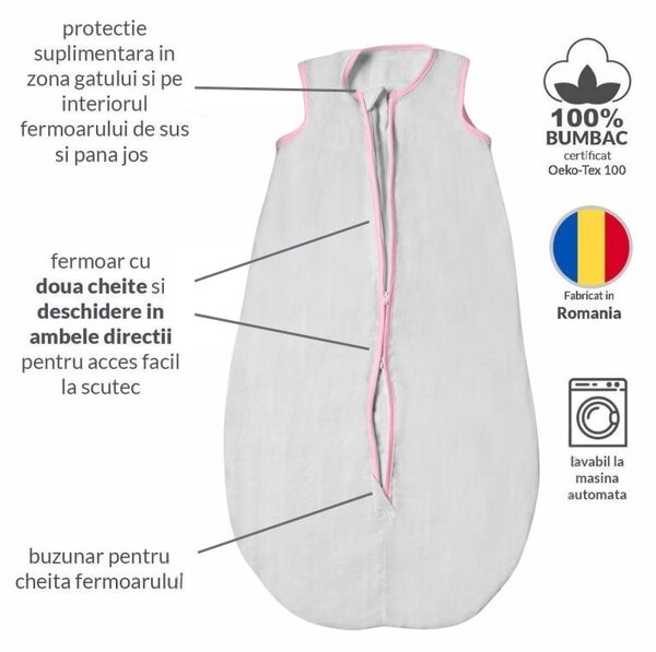 Sac de dormit de vara pentru copii din muselina dubla 3-18 luni Kidizi grey pink, 0.3 tog