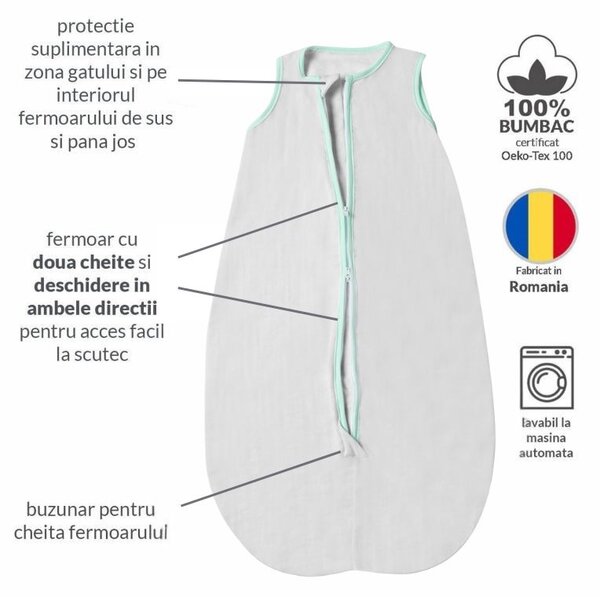 Sac de dormit de vara pentru copii din muselina dubla 3-18 luni Kidizi grey green, 0.3 tog