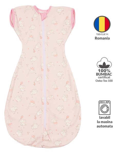 Sistem de infasat transformabil in sac de dormit, 1-6 luni Kidizi Swaddel Confort UP Elefun Pink 100% bumbac, 0.5 tog