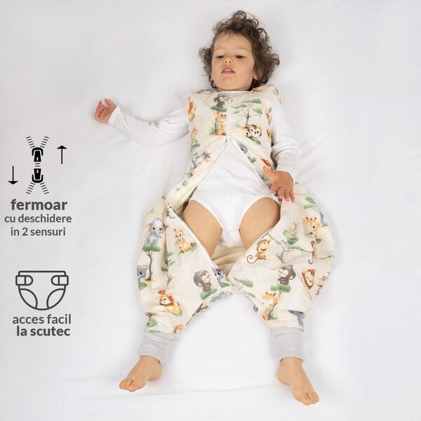 Sac de dormit cu picioare de vara 18-36 luni Kidizi Baby Animals 0.5 tog, mansete transformabile in soseta