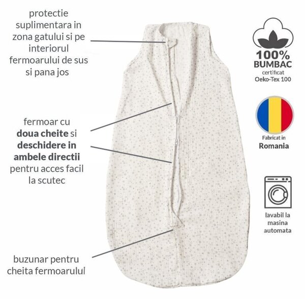 Sac de dormit de vara pentru copii din muselina dubla 3-18 luni Kidizi Tiny Hearts Grey, 0.3 tog