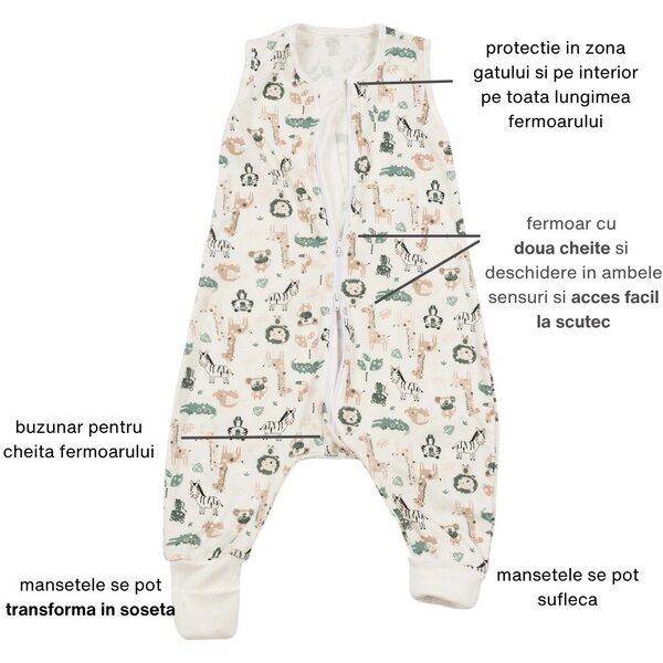Sac dormit copii de vara din bumbac cu picioare 6-18 luni Kidizi Safari, 0.5 tog, mansete transformabile in soseta