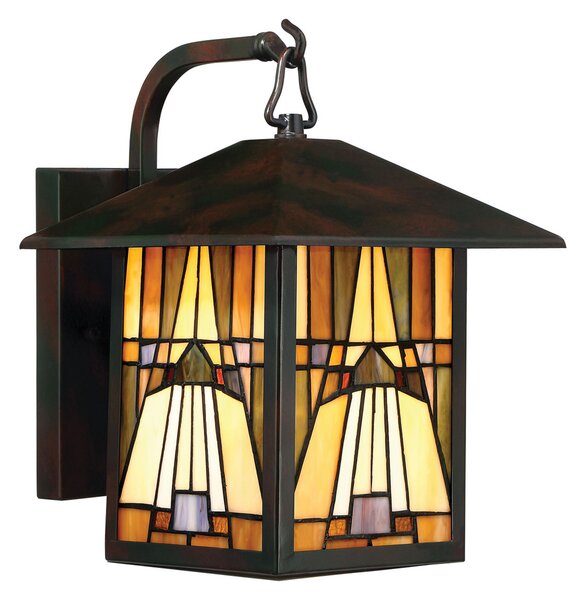 QUOIZEL Aplică de exterior Inglenook, sticlă colorată, H 31,4 cm, reglabil, Bronz / Alamă Veche, Metal, Tiffany, Felinar