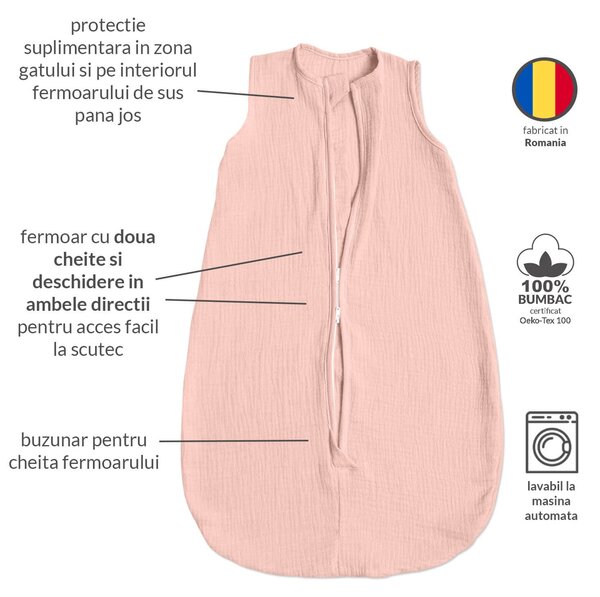 Set 2 saci de dormit de vara pentru copii din muselina dubla 0-6 luni Kidizi old rosa-natur, bumbac 100%, 0.3 tog