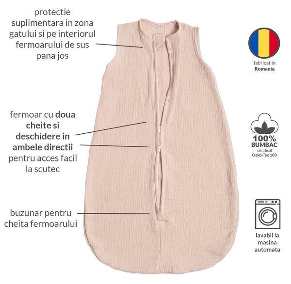 Set 2 saci de dormit de vara pentru copii din muselina dubla 0-6 luni Kidizi mint-natur bumbac 100%, 0.3 tog