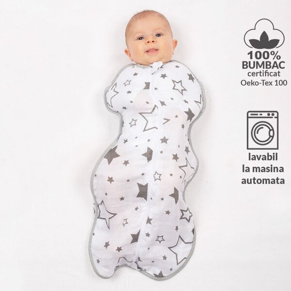 Sistem de infasat de vara din muselina cu fermoar dublu Kidizi Snugpod Galaxy Grey, pentru 4-6.5 kg, 0.3 tog