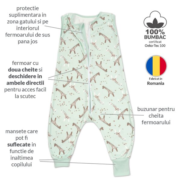 Set 2 saci dormit copii de vara din bumbac cu picioare 18-36 luni Kidizi Giraffe Safari, 0.5 tog
