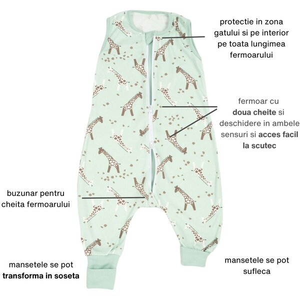 Sac dormit copii de vara din bumbac cu picioare 6-18 luni Kidizi Giraffe, 0.5 tog, mansete transformabile in soseta