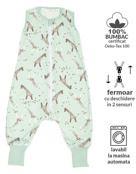 Sac dormit copii de vara din bumbac cu picioare 6-18 luni Kidizi Giraffe, 0.5 tog, mansete transformabile in soseta