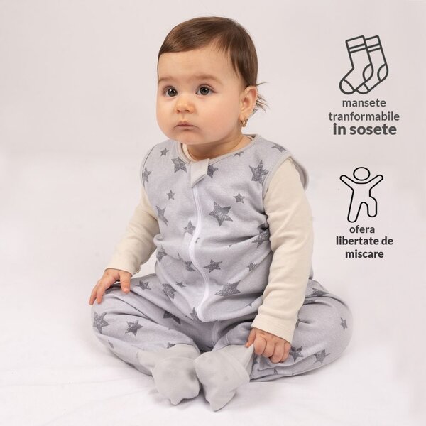 Sac dormit copii de vara din bumbac cu picioare 6-18 luni Kidizi Galaxy Grey, 0.5 tog, mansete transformabile in soseta