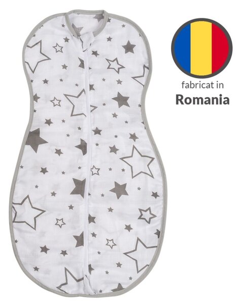 Sistem de infasat de vara din muselina cu fermoar dublu Kidizi Snugpod Galaxy Grey, pentru 4-6.5 kg, 0.3 tog
