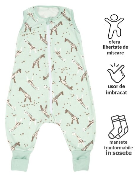 Sac dormit copii de vara din bumbac cu picioare 6-18 luni Kidizi Giraffe, 0.5 tog, mansete transformabile in soseta