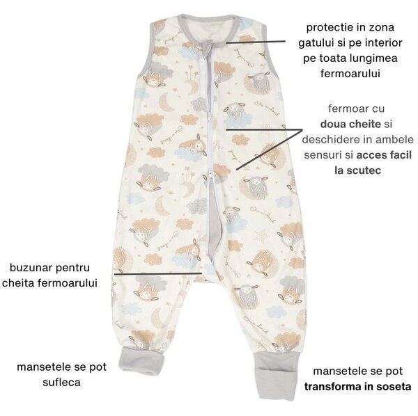 Sac dormit copii de vara din bumbac cu picioare 6-18 luni Kidizi On a Cloud Pastel, 0.5 tog, mansete transformabile in soseta