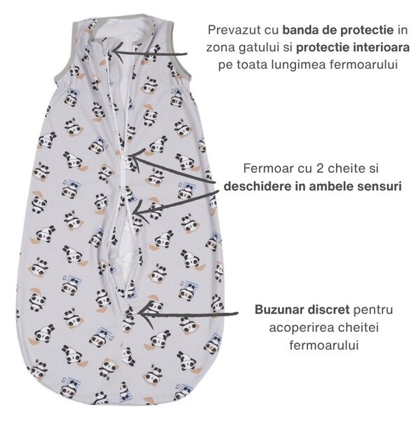 Sac dormit copii de vara 0-18 luni Kidizi Panda Grey, 100% bumbac, 80 cm, 0.5 tog