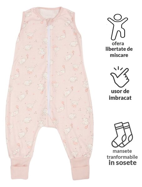 Set 2 saci dormit copii cu picioare de vara 6-18 luni Kidizi Elefun Pink, 0.5 tog, mansete transformabile in soseta