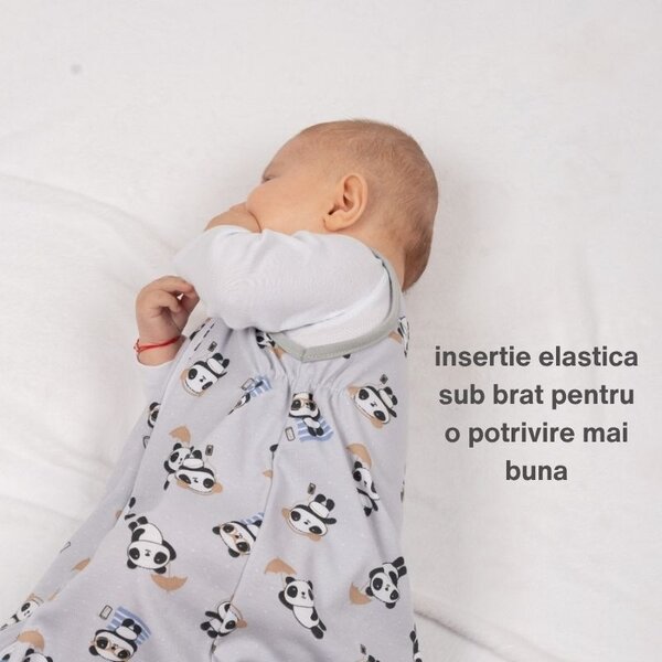Sac dormit copii de vara 0-18 luni Kidizi Panda Grey, 100% bumbac, 80 cm, 0.5 tog