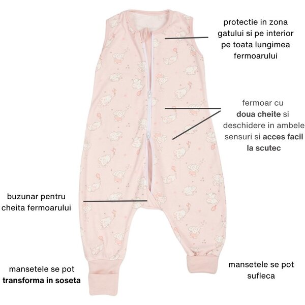 Set 2 saci dormit copii cu picioare de vara 6-18 luni Kidizi Elefun Pink, 0.5 tog, mansete transformabile in soseta