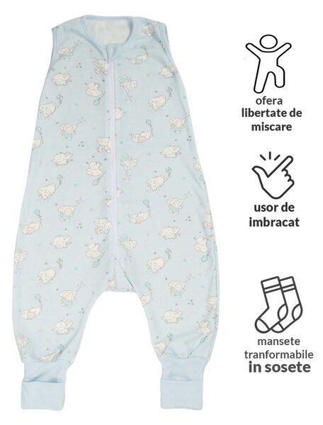 Sac dormit copii de vara din bumbac cu picioare 6-18 luni Kidizi Elefun Blue, 0.5 tog, mansete transformabile in soseta