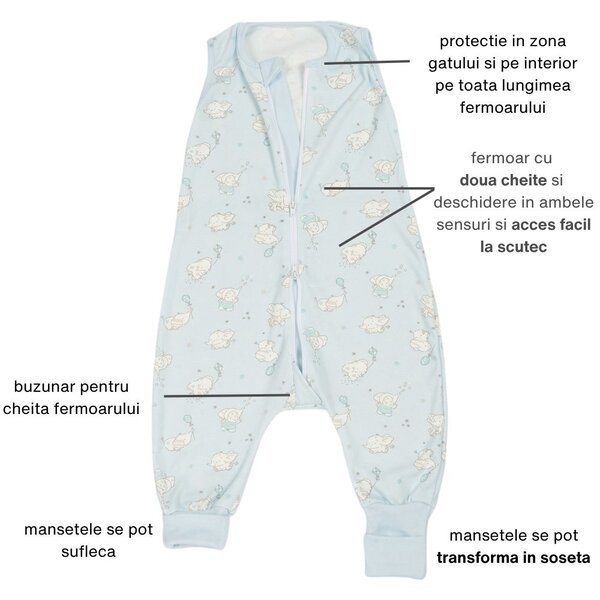 Sac dormit copii de vara din bumbac cu picioare 6-18 luni Kidizi Elefun Blue, 0.5 tog, mansete transformabile in soseta