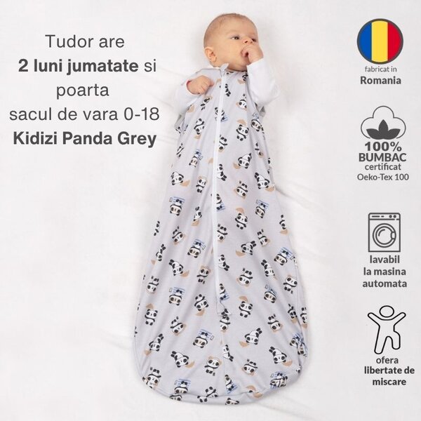 Sac dormit copii de vara 0-18 luni Kidizi Panda Grey, 100% bumbac, 80 cm, 0.5 tog