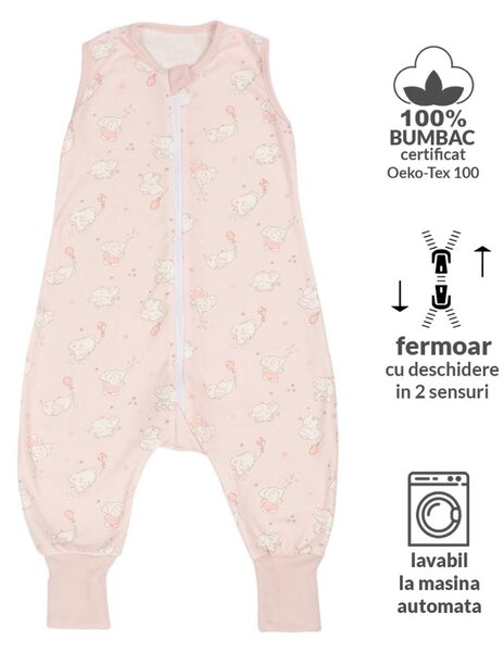 Set 2 saci dormit copii cu picioare de vara 6-18 luni Kidizi Elefun Pink, 0.5 tog, mansete transformabile in soseta