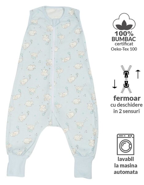 Sac dormit copii de vara din bumbac cu picioare 6-18 luni Kidizi Elefun Blue, 0.5 tog, mansete transformabile in soseta