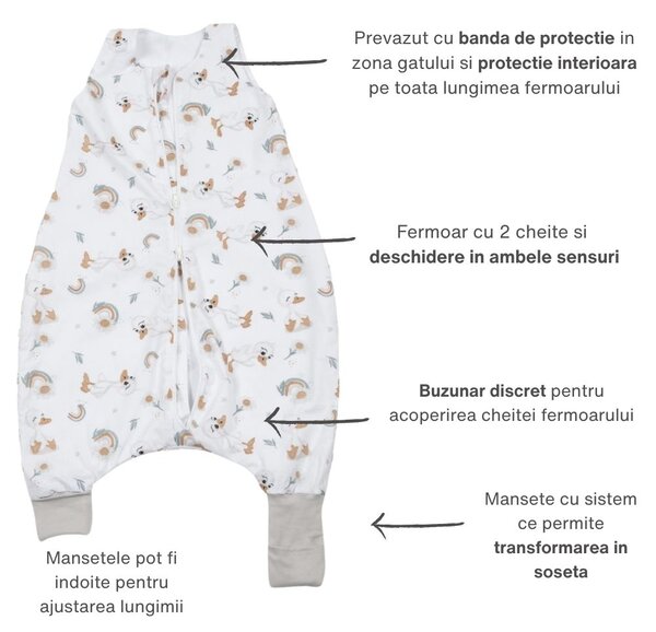Sac de dormit cu picioare de vara pentru copii 18-36 luni Kidizi Ducky 0.5 tog, mansete transformabile in soseta