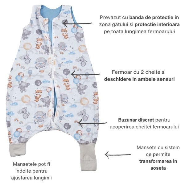 Sac de dormit cu picioare de vara pentru copii 18-36 luni Kidizi Tiny Adventures 0.5 tog, mansete transformabile in soseta