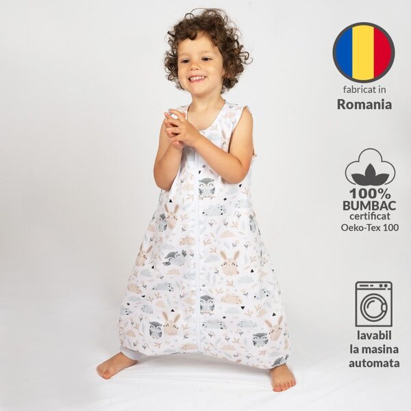 Sac de dormit cu picioare de vara pentru copii 18-36 luni Kidizi Forest Friends 0.5 tog, mansete transformabile in soseta