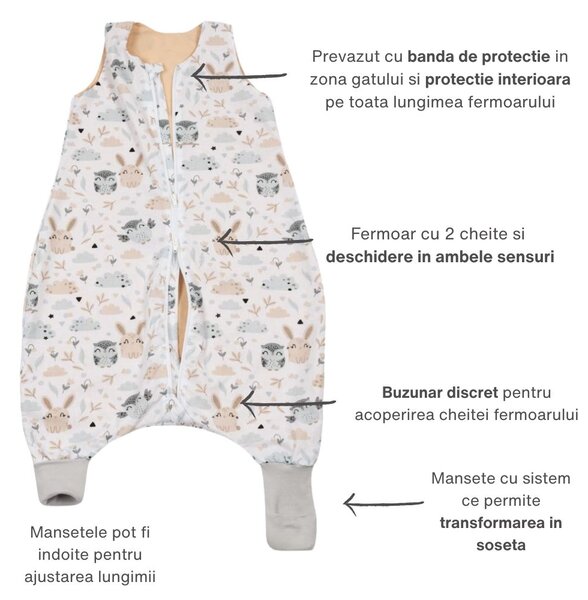 Sac de dormit cu picioare de vara pentru copii 18-36 luni Kidizi Forest Friends 0.5 tog, mansete transformabile in soseta
